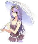  bare_shoulders blush bow collarbone dress hair_bow hair_ornament hairclip kuwashima_rein long_hair looking_at_viewer purple_eyes purple_hair rune_factory rune_factory_3 simple_background sofia_jalapeno_viviage solo umbrella 