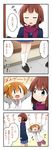  2girls 4koma :d annotated arms_up bangs blazer blue_skirt blunt_bangs closed_eyes comic dressing eyebrows_visible_through_hair flailing flapping flying_sweatdrops gym_shorts hair_between_eyes hood hoodie jacket kousaka_honoka kousaka_yukiho loafers long_sleeves love_live! love_live!_school_idol_project miyako_hito motion_lines multiple_girls open_mouth pleated_skirt scarf school_uniform shoes shorts siblings side_ponytail sisters skirt sleeves_past_wrists smile stairs translated walking |_| 