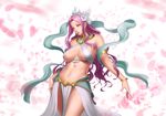  armlet bangle bracelet breasts cowboy_shot detached_collar flower green_eyes hagoromo hair_flower hair_ornament hand_on_hip highres jewelry large_breasts lips long_hair lvl_(sentrythe2310) midriff navel nose original petals pink_hair shawl showgirl_skirt sideboob solo 