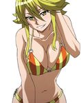  1girl akame_ga_kill! bikini blonde_hair blush breasts cleavage high_resolution large_breasts leone leone_(akame_ga_kill!) long_hair simple_background smile standing stitched swimsuit white_background yellow_eyes 