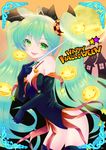  ahoge alternate_costume bare_shoulders black_gloves elbow_gloves fang full_moon gloves green_eyes green_hair halloween happy_halloween hatsune_miku highres jack-o'-lantern kyo_(kyo21413) long_hair looking_at_viewer moon pumpkin revision smile solo thighhighs twintails very_long_hair vocaloid 