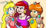  3girls angry bangs blonde_hair blue_eyes breasts brown_hair captain_syrup cleavage crown earrings eyeshadow flower_earrings friends gem grin jewelry long_hair makeup mario_(series) multiple_girls nintendo pirate princess_daisy princess_peach red_eyes red_hair short_hair skull smile super_mario_bros. super_mario_land tomboy wario_land 