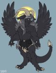  anthro clothed clothing dbd eyewear feathered_wings feathers horn male monocle muscular muscular_male nipples sergal solo standing topless wings 