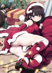  2013 ass bare_shoulders black_hair blue_eyes blush boots box character_request christmas_lights christmas_ornaments christmas_tree elbow_gloves gift gift_box gloves hat lena_(zoal) lying on_side one_eye_closed panties panties_under_pantyhose pantyhose pink_panties pom_pom_(clothes) red_gloves sack santa_costume santa_hat short_hair solo tears toranoana torn_clothes torn_legwear underwear wavy_mouth white_legwear wince 