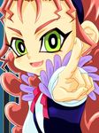  bow green_eyes grin hair_bow hochun_mieru jewelry long_hair looking_at_viewer open_mouth pendant pointing pointing_at_viewer red_hair smile solo yuu-gi-ou yuu-gi-ou_arc-v 