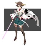  akitetsu bad_id bad_twitter_id bare_shoulders brown_hair commentary detached_sleeves energy_sword gundam hairband headgear hiei_(kantai_collection) japanese_clothes kantai_collection lightsaber no_legwear nontraditional_miko pleated_skirt purple_eyes short_hair skirt smile solo sword thighhighs two-tone_background weapon zettai_ryouiki 