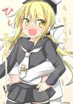  1girl absurdres admiral_(kantai_collection) blonde_hair blush embarrassed fang hat highres kantai_collection long_hair long_sleeves military military_uniform naval_uniform ryuki_(ryukisukune) satsuki_(kantai_collection) school_uniform serafuku skirt thighhighs translation_request twintails uniform yellow_eyes zettai_ryouiki 