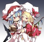  bat_wings blonde_hair blue_hair commentary_request dress fang flandre_scarlet garter_straps hat long_hair multiple_girls noya_makoto pointy_ears red_eyes remilia_scarlet revision side_ponytail smile thighhighs touhou wallet white_legwear wings 