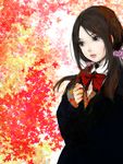  autumn_leaves black_eyes brown_hair lips long_hair original pon solo 