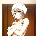  1girl amagi_brilliant_park animated animated_gif breasts brown_hair censored covering covering_breasts embarrassed female long_hair medium_breasts nude sento_isuzu solo towel towel_on_head 