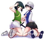  2boys androgynous ass baseball_cap black_hair blush brown_eyes child dan_taichi echizen_ryooma from_behind frown gym_shorts gym_uniform hat headband looking_at_viewer looking_back male male_focus multiple_boys open_mouth parted_lips racket shoes short_hair shorts shota sportswear tennis_no_ouji-sama tennis_racket tennis_uniform track_jacket trap yk 