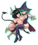  2girls ass bangs black_dress black_footwear black_hair breasts cleavage closed_mouth collarbone commentary cosplay covered_nipples curly_hair donburikazoku dress eyebrows_visible_through_hair from_above fubuki_(one-punch_man) full_body green_eyes green_hair hair_between_eyes hat high_heels highres horns large_breasts legs lips looking_at_viewer lying multiple_girls navel on_side one-punch_man short_hair siblings sisters skindentation tatsumaki witch_hat 