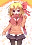  alternate_costume black_legwear blonde_hair bow esureki fang hair_bow long_sleeves open_mouth pantyhose red_eyes rumia scarf shirt skirt sleeves_past_wrists smile solo sweater touhou 