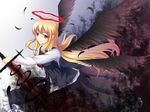  apro black_wings blonde_hair darkness ex-rumia feathers frilled_skirt frills halo long_hair rumia shirt skirt smile sword touhou vest weapon wings 