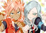  armband blue_eyes blue_hair blush face garushaa_wolfein green_eyes inazuma_eleven_(series) inazuma_eleven_go inazuma_eleven_go_chrono_stone long_hair looking_at_viewer male_focus multiple_boys ogino_atsuki orange_hair parted_lips smile sweat upper_body vanfeny_vamp 