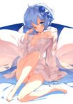  barefoot bed_sheet blue_eyes blue_hair blush bottomless breasts eyewear_removed glasses hair_ornament kaede_(sayappa) naked_shirt off_shoulder on_bed one_eye_closed open_mouth pillow piruluk pussy rubbing_eyes shirt short_hair sitting small_breasts solo unbuttoned white_shirt wixoss 