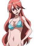  1girl akame_ga_kill! bikini breasts brown_hair candy chelsea_(akame_ga_kill!) cleavage high_resolution lollipop long_hair medium_breasts open_mouth red_eyes simple_background smile standing stitched swimsuit white_background 
