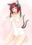  animal_ears bangs bare_arms bare_legs bare_shoulders bathroom between_breasts blush bow braid breasts cat_ears cat_tail cleavage collarbone fang green_ribbon groin hair_ribbon hand_on_own_head kaenbyou_rin kneeling large_breasts looking_at_viewer multiple_tails naked_towel nekomata nitoridio open_mouth red_eyes red_hair ribbon short_hair solo tail touhou towel tress_ribbon twin_braids twintails 