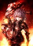  alternate_costume armor banned_artist black_gloves fingerless_gloves fire flag full_armor gloves headwear_removed helmet helmet_removed highres knight kozou_(soumuden) looking_at_viewer red_eyes remilia_scarlet silver_hair solo touhou 