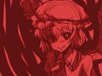  bat_wings black_sclera brooch glowing glowing_eye hat jewelry mismatched_sclera monochrome red remilia_scarlet sketch smile solo touhou wings 