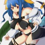  asymmetrical_wings blue_hair bow breasts dizzy guilty_gear hair_bow koyama_(gantz0409jp) large_breasts midriff navel red_eyes ribbon solo tail tail_ribbon thighhighs white_background wings 