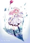  balloon blue_eyes boots flower highres just_be_friends_(vocaloid) long_hair megurine_luka paper_airplane pink_hair red_string saiun_hanatsubasa skirt solo string tears vocaloid water white_skirt 