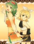  :d blonde_hair goggles green_eyes green_hair grkoch gumi hairband headphones kagamine_rin looking_back midriff multiple_girls open_mouth short_hair smile vocaloid waving 