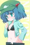  bad_id bad_pixiv_id blue_hair bra flat_chest green_eyes groin hair_bobbles hair_ornament hand_on_hip hat ica jacket kawashiro_nitori lingerie midriff navel no_shirt open_clothes open_jacket solo touhou twintails two_side_up underwear upper_body 