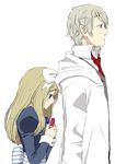  1girl axis_powers_hetalia belarus_(hetalia) blonde_hair blush coat dress gift hair_ribbon inuneko_(dcwn) long_hair necktie ribbon russia_(hetalia) shy siblings silver_hair simple_background white_background 