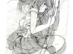  copyright_request greyscale kneehighs long_hair monochrome sketch skirt smile socks solo uki_atsuya 