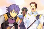  2boys arado_balanga bindi blue_eyes brown_eyes brown_hair dark_skin facial_hair green_eyes green_hair highres indian kai_kitamura multiple_boys mustache purple_hair radha_bairaban super_robot_wars super_robot_wars_original_generation yuikawa_kazuno 