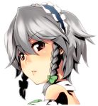  bad_id bad_pixiv_id bare_shoulders braid face grey_hair hairband izayoi_sakuya kirisato_itsuki lips looking_back portrait red_eyes short_hair silver_hair solo touhou twin_braids 