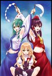  armpits bad_id bad_pixiv_id blonde_hair braid brown_hair detached_sleeves douji frog gohei green_hair groin hair_ornament hakurei_reimu hat kirisame_marisa kochiya_sanae long_hair midriff multiple_girls navel red_eyes sarashi snake touhou witch_hat yellow_eyes 