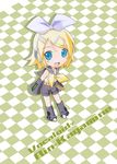  :d arm_warmers bangs belt black_shorts blonde_hair blouse blue_eyes blush_stickers bow character_name checkered checkered_background checkered_floor chibi copyright_name from_above full_body hair_bow hair_ornament hairclip headphones kagamine_rin leg_warmers legs_apart microphone open_mouth ribbon sailor_collar shirohebidou short_hair shorts sleeveless smile solo standing swept_bangs vocaloid white_blouse white_bow yellow_ribbon 