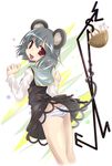  animal_ears bad_id bad_pixiv_id basket capelet dowsing_rod grey_hair jewelry looking_back mouse mouse_ears mouse_tail nazrin necklace open_mouth panties red_eyes short_hair smile solo striped striped_panties tail touhou underwear yumesato_makura 