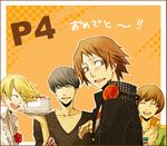  3boys arufa@kara bad_id bad_pixiv_id brown_eyes brown_hair cake closed_eyes copyright_name food hanamura_yousuke headphones headphones_around_neck jewelry kuma_(persona_4) multiple_boys narukami_yuu necklace open_mouth persona persona_4 plate satonaka_chie short_hair translated 