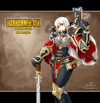  adepta_sororitas albino armor artist_request belt bolter book cape chain dual_wielding explosive fleur_de_lis grenade gun holding loincloth ornate purity_seal red_eyes short_hair skull solo sword warhammer_40k weapon white_hair 