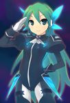  alternate_hairstyle bad_id bad_pixiv_id bodysuit gloves green_eyes green_hair hatsune_miku headphones headset long_hair otoutogimi plug-in_(module) project_diva project_diva_(series) salute smile solo vocaloid white_gloves 