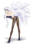  animal_ears ass back-seamed_legwear bent_over blue_eyes bunny_ears bunnysuit fox_ears fox_tail genderswap hand_on_hip heterochromia high_heels long_hair looking_back monocle multiple_tails original pantyhose seamed_legwear shoes solo tail usuishi_tenchou white_hair wrist_cuffs yagisaka_seto 