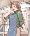  apron blush brown_eyes brown_hair casual cellphone kitchen long_hair older one_eye_closed phone rozen_maiden sleeves_rolled_up solo suiseiseki talking_on_phone tsuda_nanafushi 