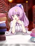  alternate_hairstyle bangs blush book crescent crescent_hair_ornament frown hair_ornament hair_ribbon library long_hair miki_purasu no_hat no_headwear open_mouth patchouli_knowledge ponytail purple_eyes purple_hair ribbon sitting solo touhou upper_body voile 