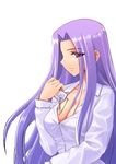  breasts cleavage fate/stay_night fate_(series) glasses holding holding_eyewear large_breasts long_hair namonashi purple_eyes purple_hair rider simple_background smile solo unbuttoned very_long_hair 