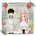  1girl amane_(artist) bad_id bad_pixiv_id balloon black_hair boots closed_eyes flower just_be_friends_(vocaloid) long_hair megurine_luka paper_airplane pink_hair red_string skirt string vocaloid white_skirt 