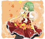  ascot bad_id bad_pixiv_id closed_eyes flower green_hair kazami_yuuka motimoti pantyhose petals plaid plaid_skirt plaid_vest short_hair skirt skirt_basket skirt_set smile solo touhou vest 