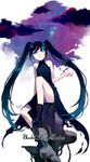  bad_id bad_pixiv_id black_hair black_rock_shooter black_rock_shooter_(character) blue_eyes boots cloud long_hair manle solo twintails 