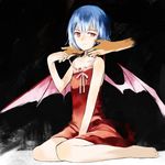  bare_shoulders barefoot blue_hair chemise darkness disembodied_limb feet hands light_smile ogawa_maiko pale_skin red_eyes remilia_scarlet short_hair sitting solo touhou wariza wings 