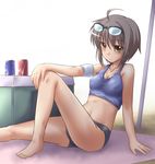  armband bad_feet bangs barefoot bikini breasts brown_eyes brown_hair can cooler covered_nipples nagato_yuki short_hair small_breasts soda_can solo sports_bikini sunglasses suzumiya_haruhi_no_yuuutsu swimsuit yoshi_tama 