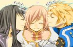  2boys armor black_hair blonde_hair closed_eyes estellise_sidos_heurassein flynn_scifo gloves long_hair miho_(mi) multiple_boys pink_hair short_hair smile tales_of_(series) tales_of_vesperia yuri_lowell 