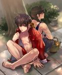  agasang armband back-to-back bandana barefoot black_hair braid chinese_clothes feet from_above hands hibiki_ryouga kettle long_hair male_focus multiple_boys muscle ranma_1/2 saotome_ranma shade single_braid sitting tangzhuang tree wet 