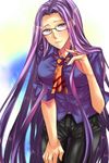  blush breasts casual fate/stay_night fate_(series) glasses large_breasts long_hair naridon necktie purple_eyes purple_hair rider solo very_long_hair 